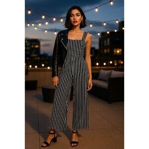 Potter’s Pot Black White Striped Wide Leg Jumpsuit Large | Cutout Tie Back